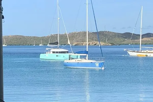 Zun Zun Yacht Photos Pics Sailboats anchored in a serene bay, featuring a 2014 Lagoon 39 catamaran.