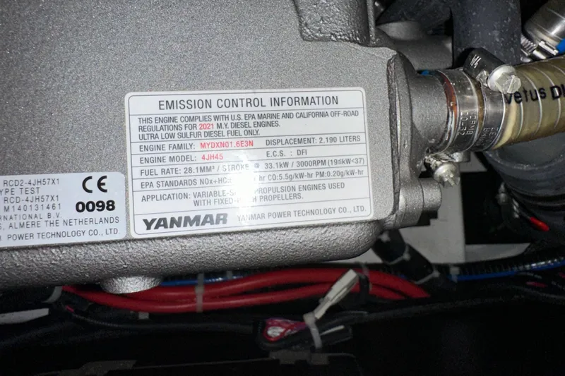 Best Day Ever Yacht Photos Pics Emission control label on Yanmar engine, Jeanneau Sun Odyssey 410, 2022 model.