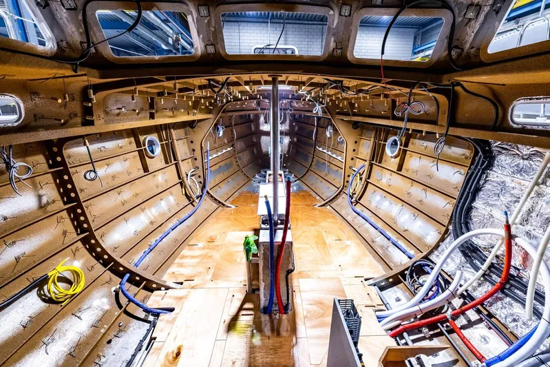 Bv3 Yacht Photos Pics Interior view of 2023 Bestevaer 36 yacht under construction, showcasing wiring and framework.