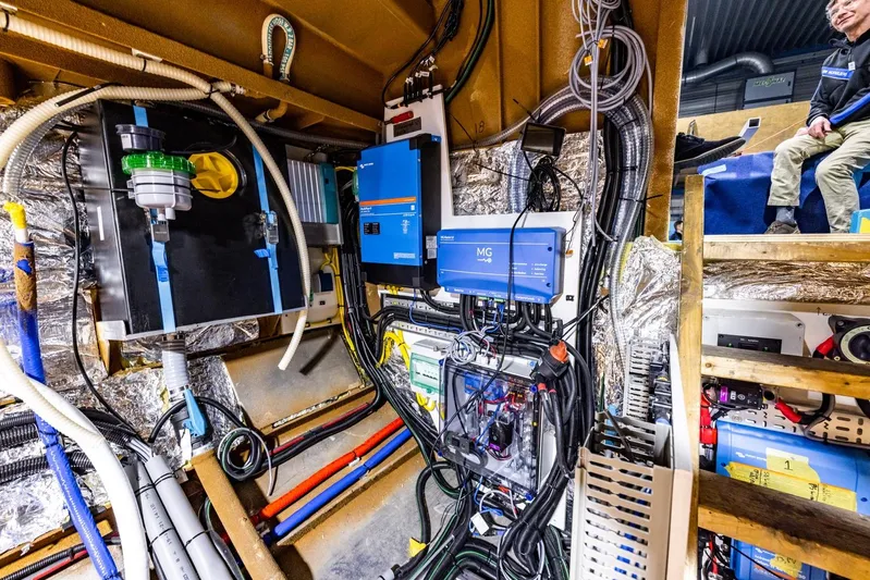 Bv3 Yacht Photos Pics Engine room of 2023 Bestevaer 36 yacht, showcasing electrical systems and wiring.