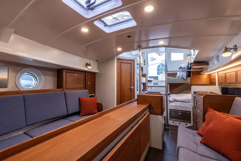 Bv3 Yacht Photos Pics Luxurious interior of 2023 Bestevaer 36 yacht with cozy seating and modern design.