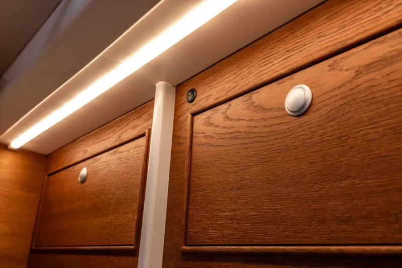 Bv3 Yacht Photos Pics Wooden interior detail of 2023 Bestevaer 36 yacht with ambient lighting.