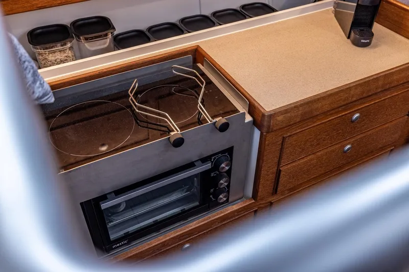 Bv3 Yacht Photos Pics Modern kitchen area in a 2023 Bestevaer 36 yacht with stove and oven.