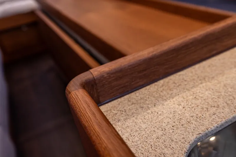 Bv3 Yacht Photos Pics Wooden interior detail of 2023 Bestevaer 36 yacht, showcasing craftsmanship and design.