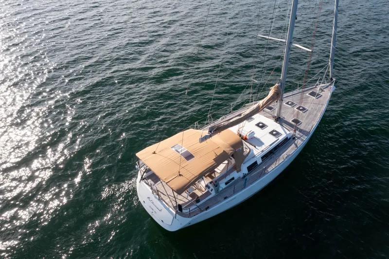 La Chiricana Yacht Photos Pics Aerial view of 2011 Dufour 525 Grand Large sailboat on open water.