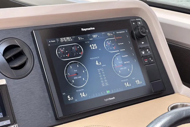  Yacht Photos Pics Dashboard of 2017 Sea Ray Sundancer 400 with Raymarine display showing navigation data.