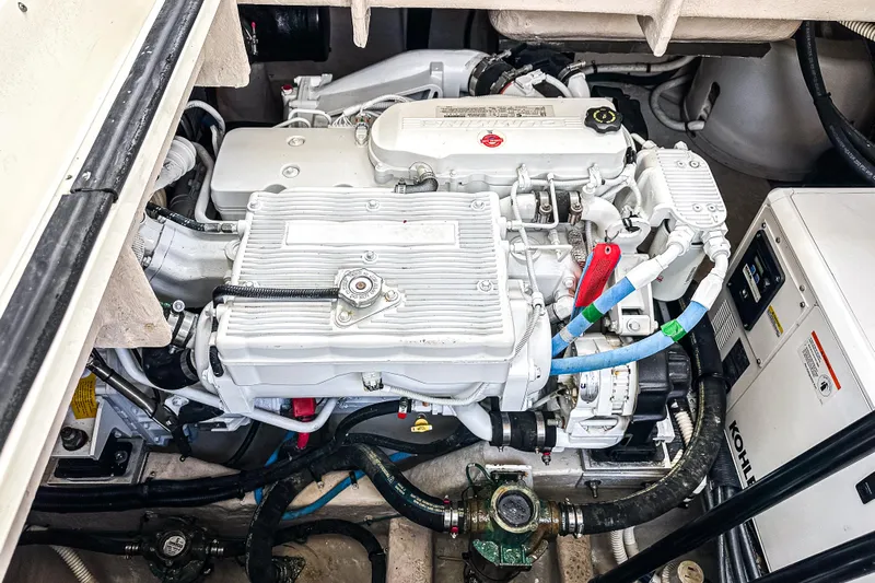  Yacht Photos Pics Engine compartment of a 2017 Sea Ray Sundancer 400 yacht, showcasing mechanical components.