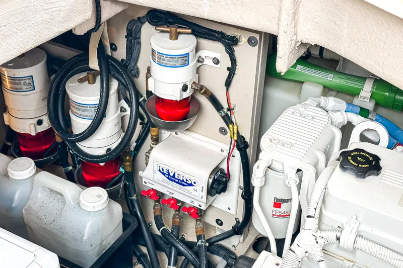  Yacht Photos Pics Engine compartment of 2017 Sea Ray Sundancer 400 with fuel filters and Reverso system.
