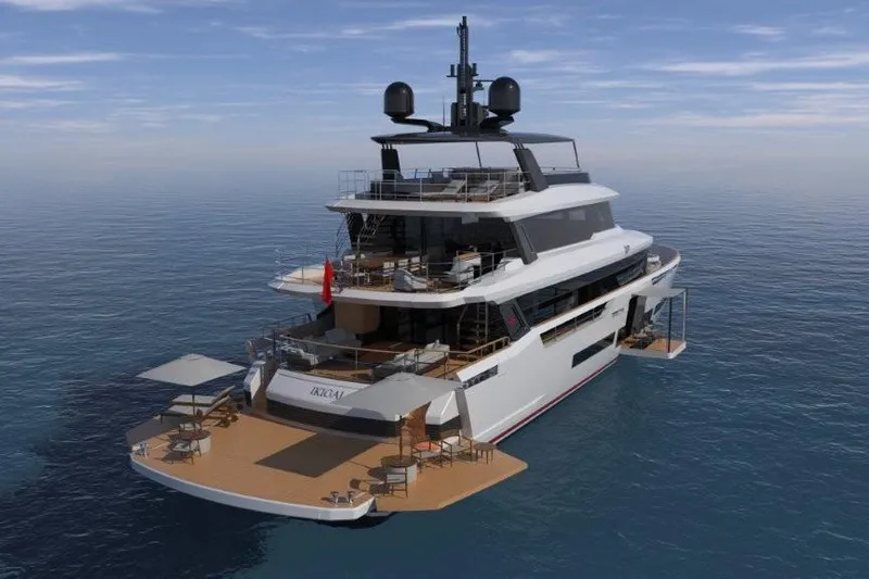  Yacht Photos Pics Luxurious 2027 Sirena 118' yacht on calm ocean waters, showcasing elegant design and spacious decks.