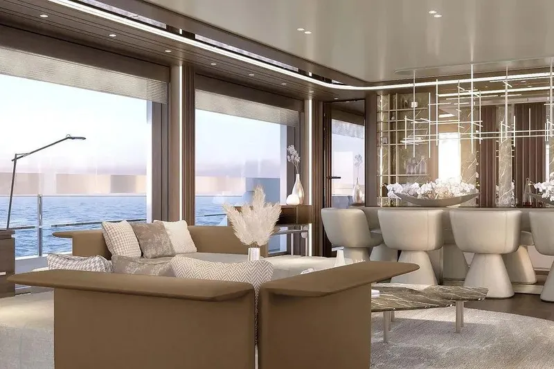  Yacht Photos Pics Luxurious interior of 2027 Sirena 118' yacht with elegant seating and ocean view.