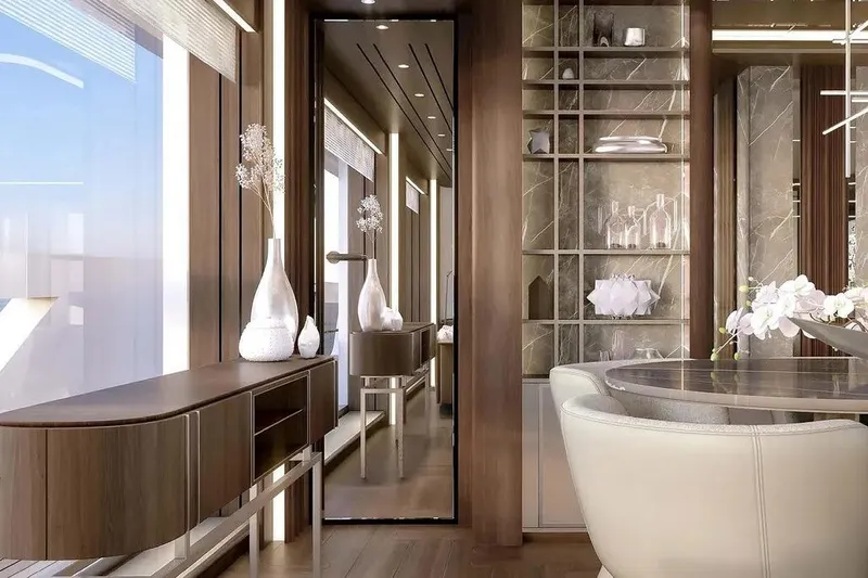  Yacht Photos Pics Luxurious interior of 2027 Sirena 118' yacht with elegant decor and modern furnishings.