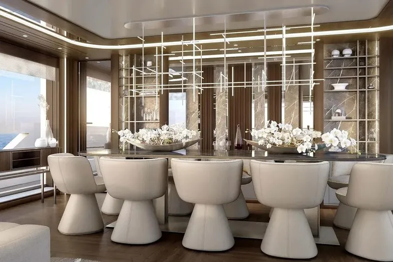  Yacht Photos Pics Luxurious dining area on 2027 Sirena 118' yacht with elegant decor and modern lighting.
