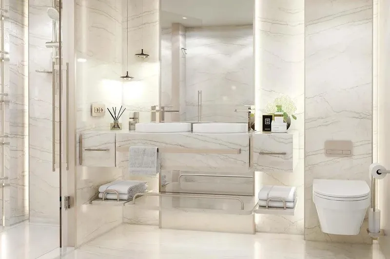  Yacht Photos Pics Luxurious marble bathroom interior on Sirena 118' yacht, 2027 model.