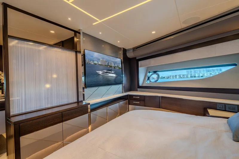 Ramaya 4 Yacht Photos Pics Luxurious interior of 2023 Sunseeker 88 Yacht with modern design and large window view.
