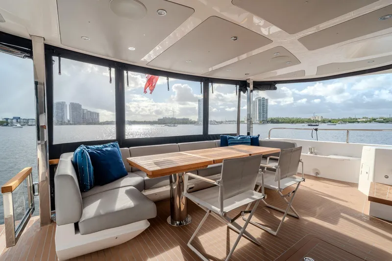 Ramaya 4 Yacht Photos Pics Luxurious Sunseeker 88 Yacht 2023 with elegant outdoor seating and scenic waterfront view.