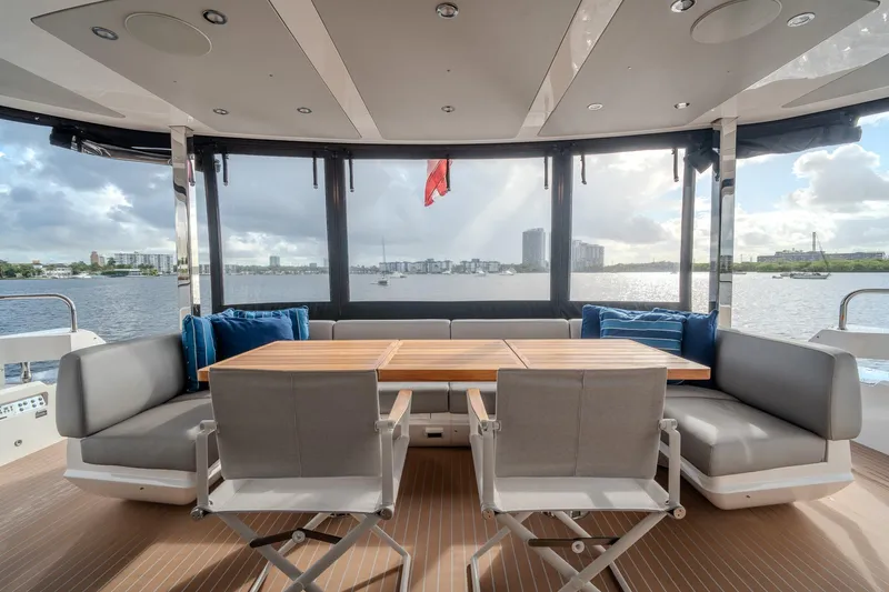 Ramaya 4 Yacht Photos Pics Luxurious Sunseeker 88 Yacht 2023 deck with elegant seating and scenic waterfront view.