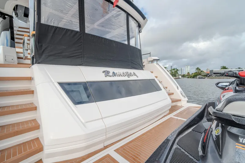 Ramaya 4 Yacht Photos Pics 2023 Sunseeker 88 Yacht rear view with jet ski, docked by waterfront.