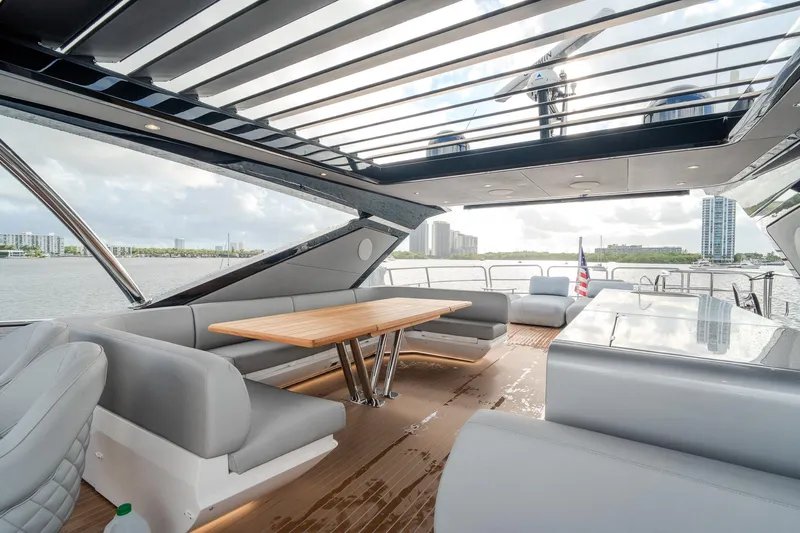 Ramaya 4 Yacht Photos Pics Luxurious 2023 Sunseeker 88 Yacht deck with modern seating and scenic waterfront view.