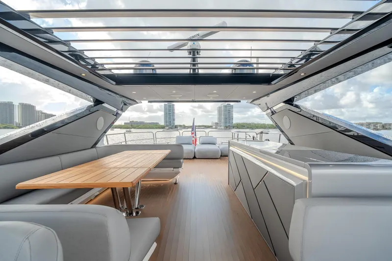 Ramaya 4 Yacht Photos Pics Luxurious 2023 Sunseeker 88 Yacht interior with sleek design and spacious seating area.