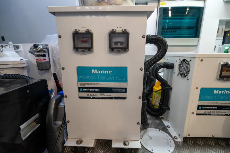 Ramaya 4 Yacht Photos Pics Marine isolation transformers in the engine room of a 2023 Sunseeker 88 Yacht.