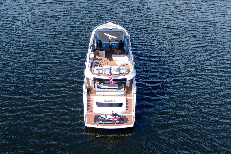 Ramaya 4 Yacht Photos Pics Aerial view of 2023 Sunseeker 88 Yacht on open water.