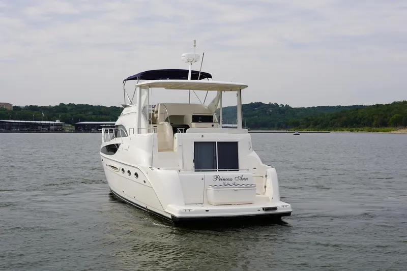  Yacht Photos Pics 2008 Meridian 459 Motoryacht on a serene lake with lush green shoreline.