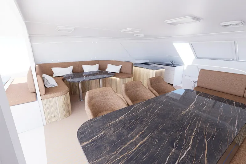  Yacht Photos Pics Luxurious interior of 2026 Rapido 500 ECO ELECTRIC yacht with elegant seating and marble tables.