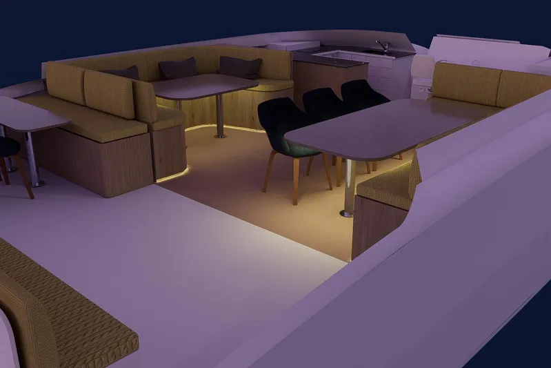  Yacht Photos Pics Luxurious interior of 2026 Rapido 500 ECO ELECTRIC yacht with modern seating and ambient lighting.