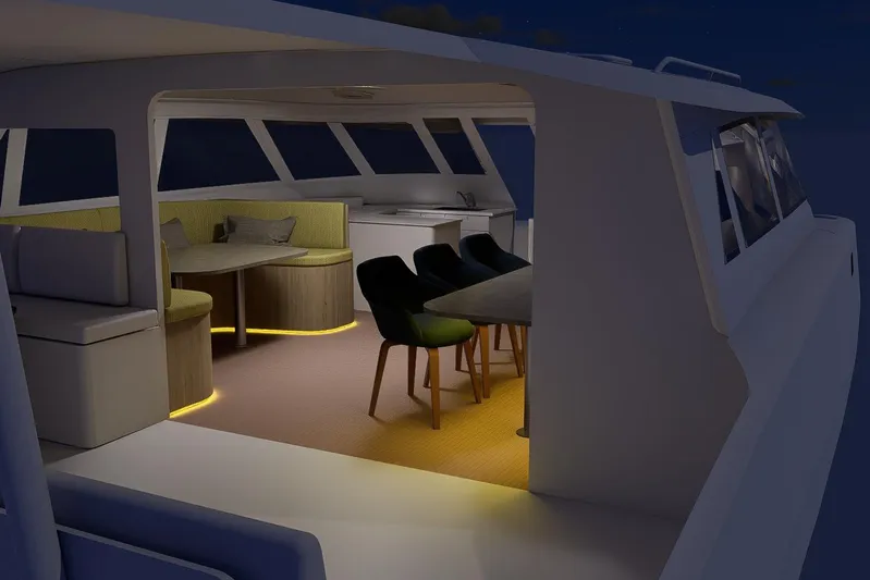  Yacht Photos Pics Interior of 2026 Rapido 500 ECO ELECTRIC yacht, featuring modern dining and seating area.