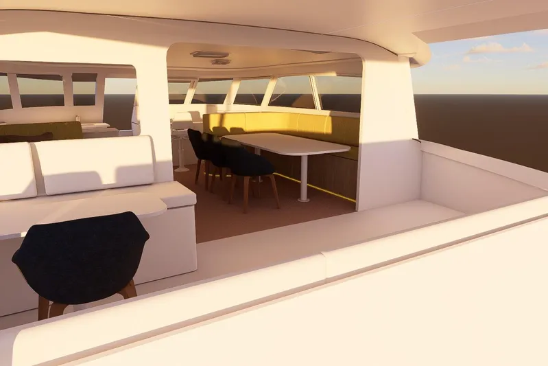  Yacht Photos Pics Luxurious interior of 2026 Rapido 500 ECO ELECTRIC yacht, featuring modern seating and dining area.