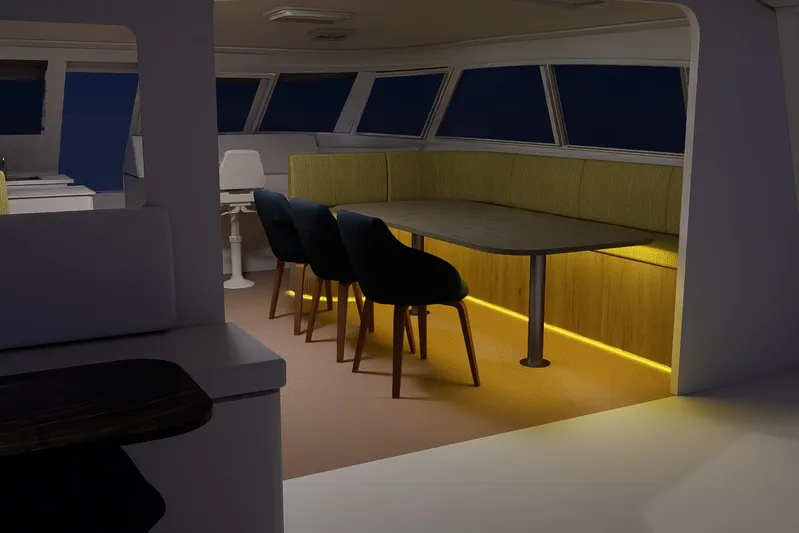  Yacht Photos Pics Interior of 2026 Rapido 500 ECO ELECTRIC yacht with modern dining area and ambient lighting.