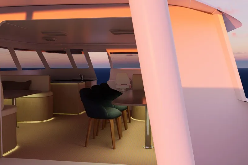  Yacht Photos Pics Luxurious interior of 2026 Rapido 500 ECO ELECTRIC yacht at sunset, featuring elegant seating.