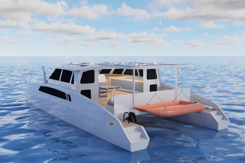  Yacht Photos Pics Futuristic Rapido 500 ECO ELECTRIC catamaran on open water, showcasing modern design and eco-friendly features.