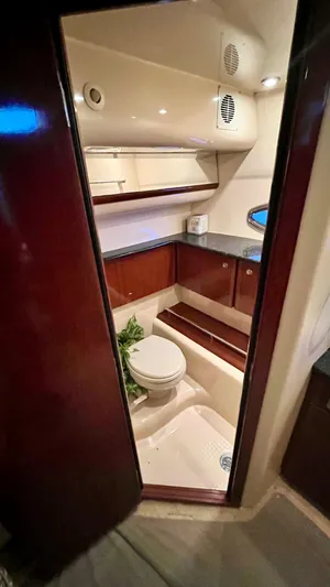  Yacht Photos Pics 2008 Meridian 459 Motoryacht bathroom with modern fixtures and wood accents.