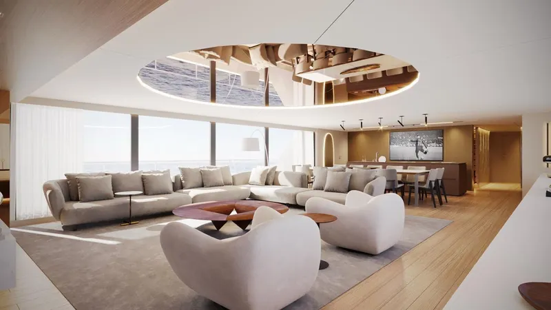  Yacht Photos Pics Luxurious interior of 2028 Inace AVENTURA 130 yacht with modern furnishings and elegant design.