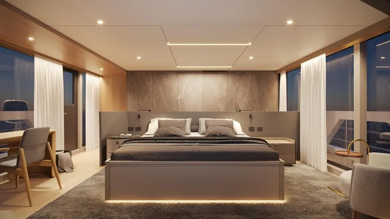  Yacht Photos Pics Luxurious bedroom interior on Inace AVENTURA 130 yacht, 2028 model, featuring modern design and ambient lighting.