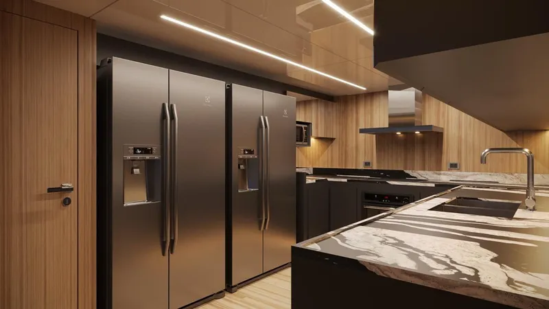  Yacht Photos Pics Luxurious modern kitchen on Inace AVENTURA 130 yacht, featuring sleek appliances and elegant wood finishes.