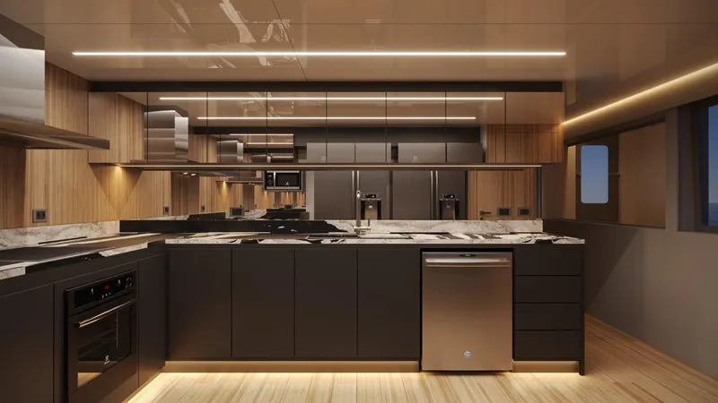  Yacht Photos Pics Luxurious modern kitchen on Inace AVENTURA 130 yacht, featuring sleek cabinetry and high-end appliances, 2028 model.