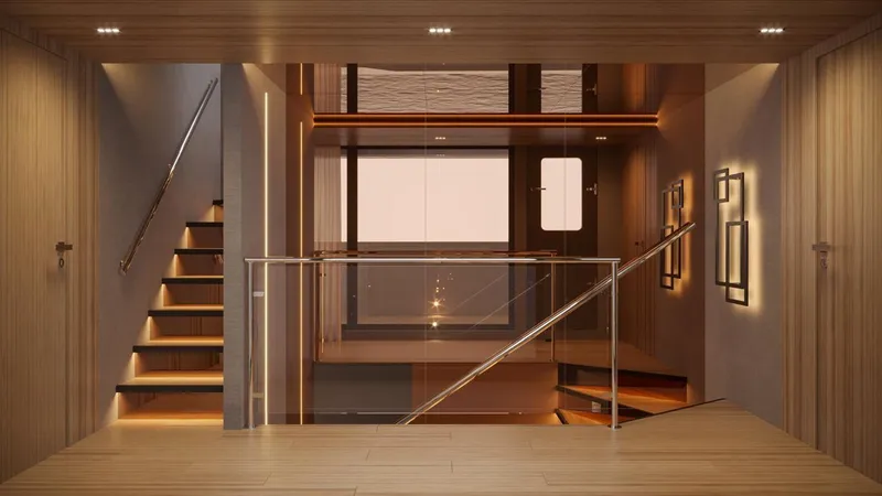  Yacht Photos Pics Luxurious interior of 2028 Inace AVENTURA 130 yacht with modern staircase and elegant lighting.