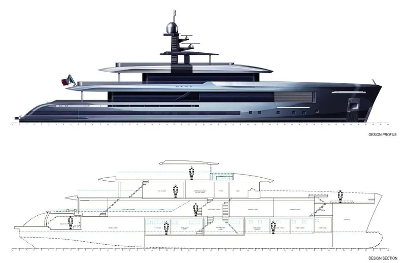  Yacht Photos Pics Side and sectional view of 2028 Inace AVENTURA 130 yacht design.