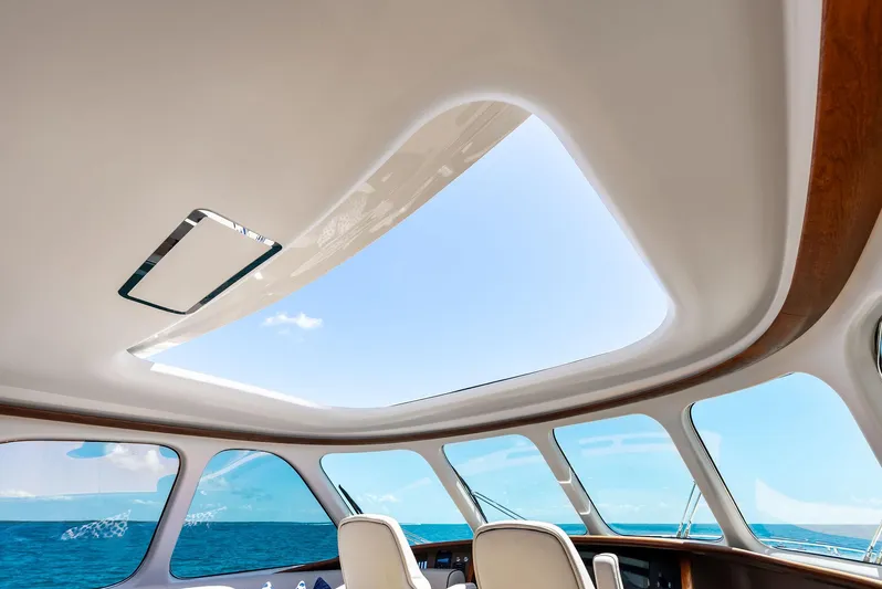 Dutch Yacht Photos Pics Luxurious interior of 2019 Zeelander 55 yacht with panoramic windows and ocean view.