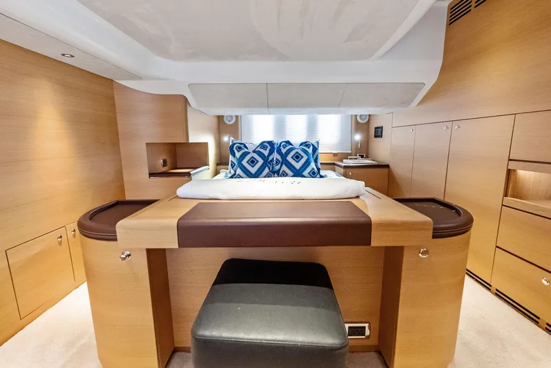 Dutch Yacht Photos Pics Luxurious interior of 2019 Zeelander 55 yacht with modern wood finish and elegant bedding.