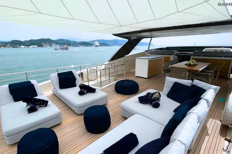 Aman - Sanlorenzo Sl96 Yacht Photos Pics Luxurious 2016 Sanlorenzo SL96 yacht deck with elegant seating and ocean view.
