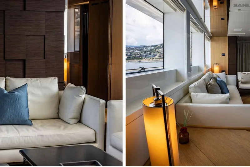 Aman - Sanlorenzo Sl96 Yacht Photos Pics Luxurious interior of 2016 Sanlorenzo SL96 yacht with elegant seating and scenic windows.