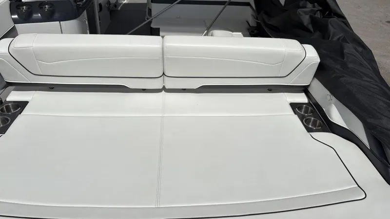  Yacht Photos Pics 2022 Formula 350 CBR boat interior with white seating and cup holders.