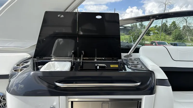  Yacht Photos Pics 2022 Formula 350 CBR boat interior with sleek kitchen setup and modern design.