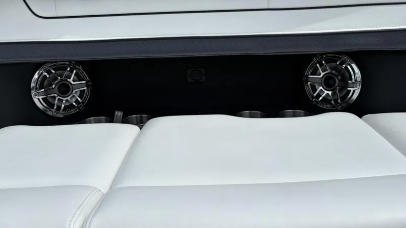  Yacht Photos Pics 2022 Formula 350 CBR boat interior with speakers and white seating.