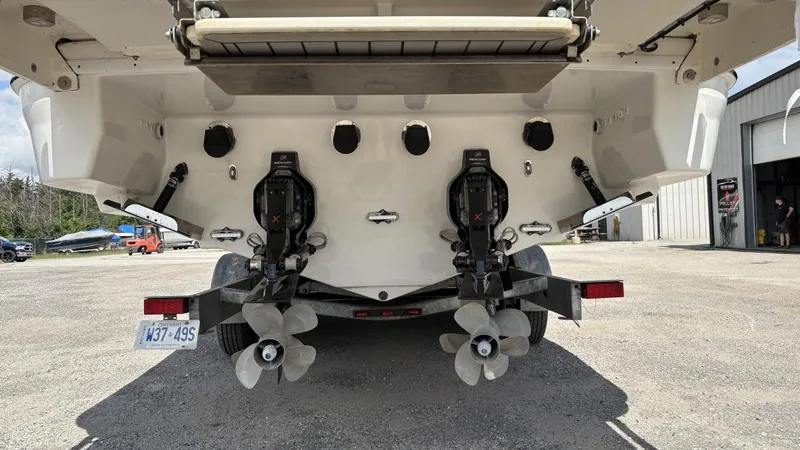 Yacht Photos Pics Rear view of a 2022 Formula 350 CBR boat with dual propellers.