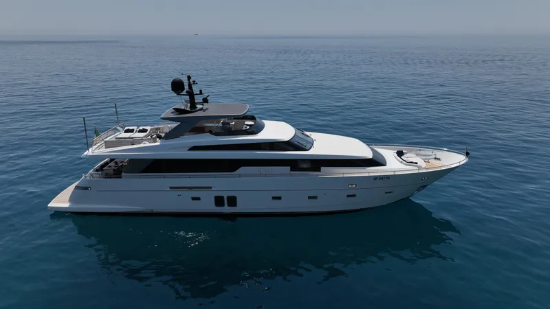 Aman - Sanlorenzo Sl96 Yacht Photos Pics Luxury 2016 Sanlorenzo SL96 yacht cruising on calm blue waters.