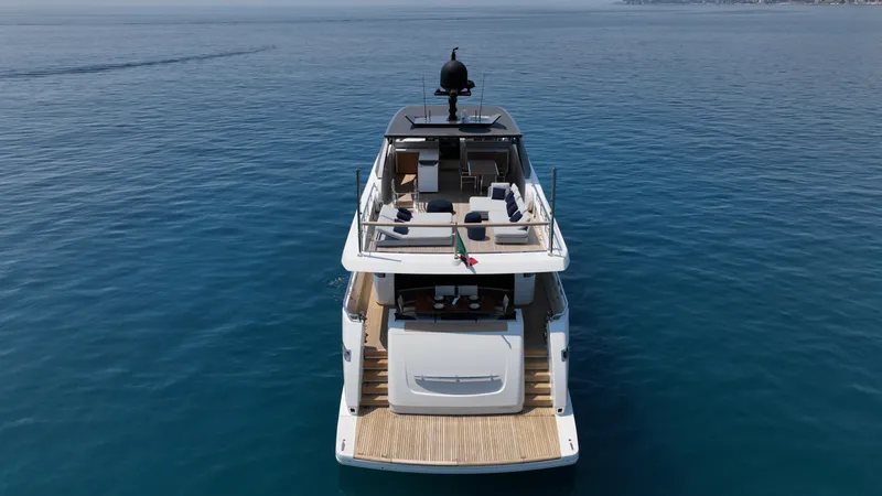 Aman - Sanlorenzo Sl96 Yacht Photos Pics Sanlorenzo SL96 2016 yacht on open sea, rear view, luxurious deck design.